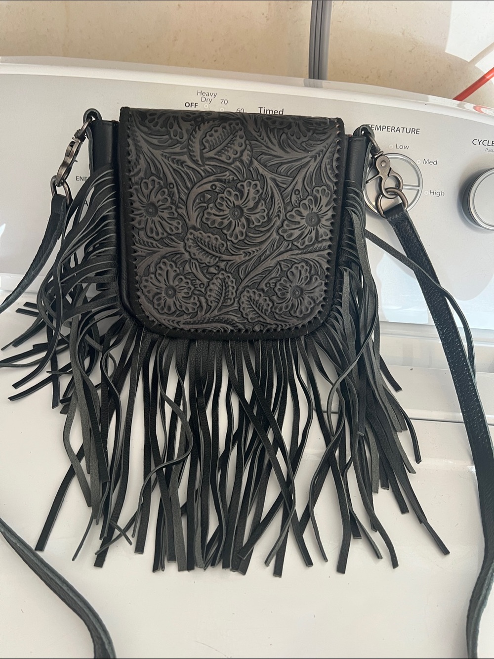 Black Floral Tooled Fringe Crossbody Bag - Women